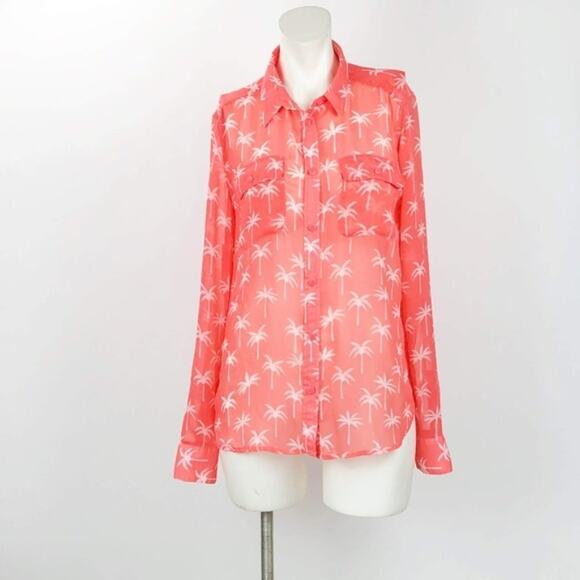 2/$30 American Eagle Medium Womens Orange Coral Palm Tree Sheer Button-up Blouse - Picture 1 of 8